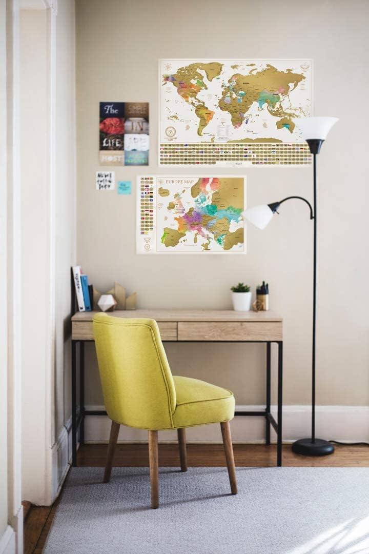 Carte du Monde à gratter XXL - Carte du Monde en Poster Extra Large + Carte à gratter de l'Europe en Bonus. Inclut un Tube Cadeau Deluxe Personnalisé et 2 Cartes Détaillées - ArtAndToys