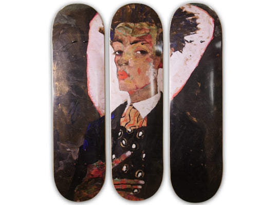  Egon Schiele Skateboard Triptych – Self-Portrait with Peacock Vest, Standing (1911)