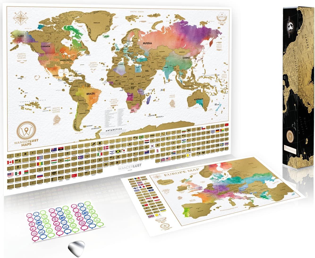 Carte du Monde à gratter XXL - Carte du Monde en Poster Extra Large + Carte à gratter de l'Europe en Bonus. Inclut un Tube Cadeau Deluxe Personnalisé et 2 Cartes Détaillées - ArtAndToys