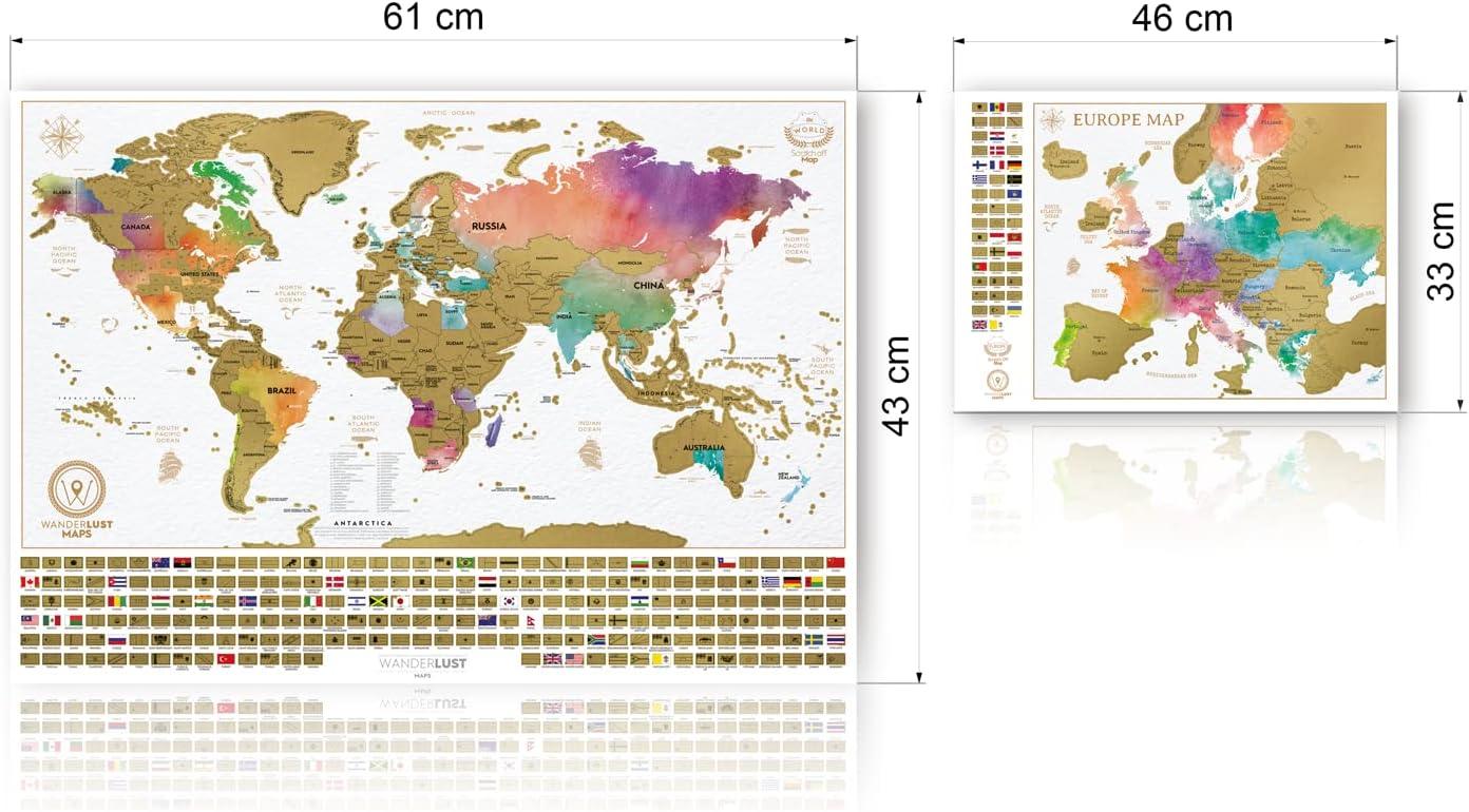 Carte du Monde à gratter XXL - Carte du Monde en Poster Extra Large + Carte à gratter de l'Europe en Bonus. Inclut un Tube Cadeau Deluxe Personnalisé et 2 Cartes Détaillées - ArtAndToys