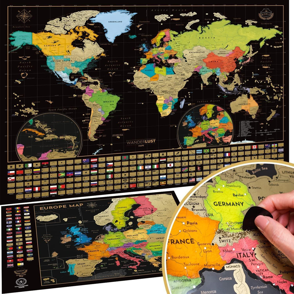 Carte du Monde à gratter XXL - Carte du Monde en Poster Extra Large + Carte à gratter de l'Europe en Bonus. Inclut un Tube Cadeau Deluxe Personnalisé et 2 Cartes Détaillées - ArtAndToys